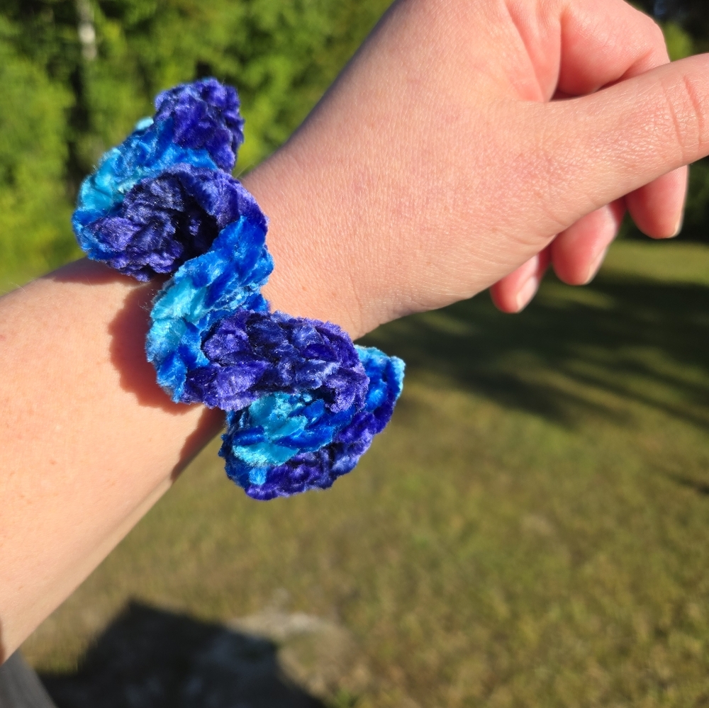 Velvet Crochet Blue Scrunchie